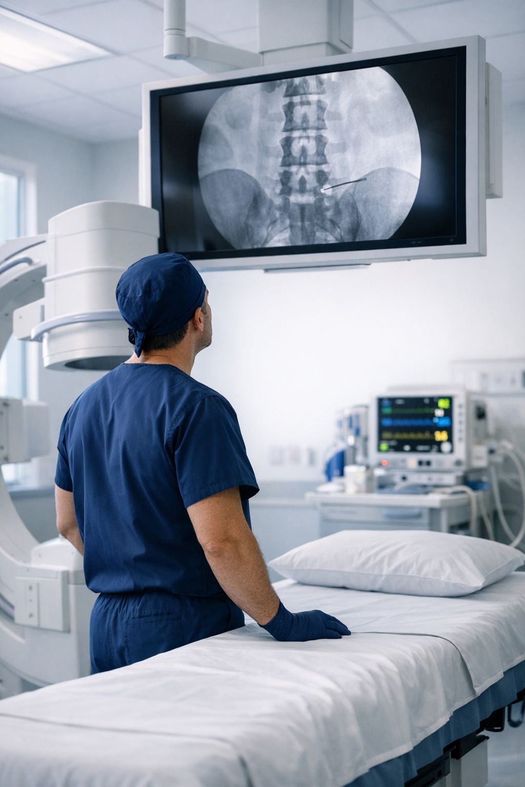Anesthesiologist reviewing live fluoroscopic spine imaging in an image-guided procedure suite