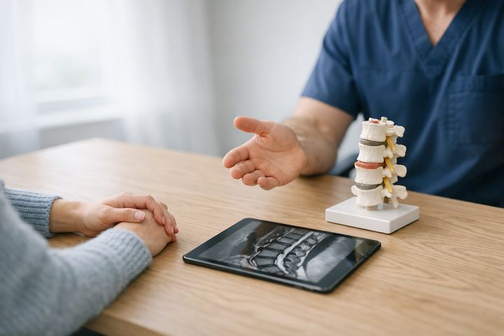 Physician explaining spine imaging to a patient using a spine model
