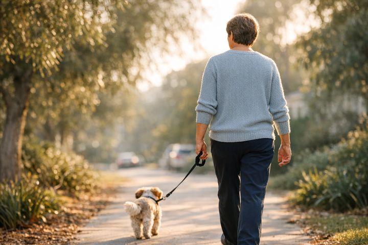 Patient walking their dog outdoors, back to an active routine