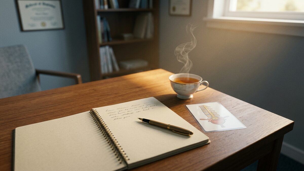 Consultation desk with notebook, pen, and anatomical spine reference card