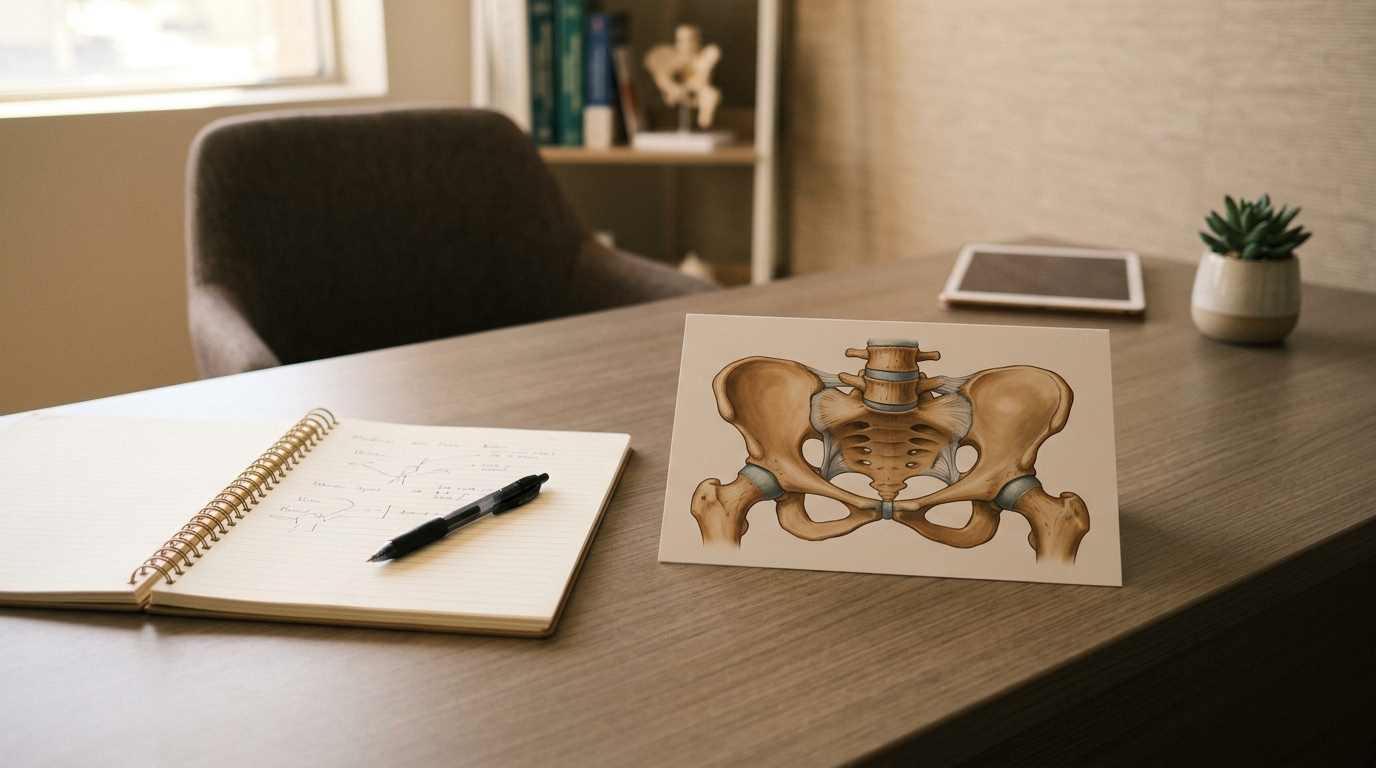 Consultation desk with anatomical pelvis reference and clinician notebook
